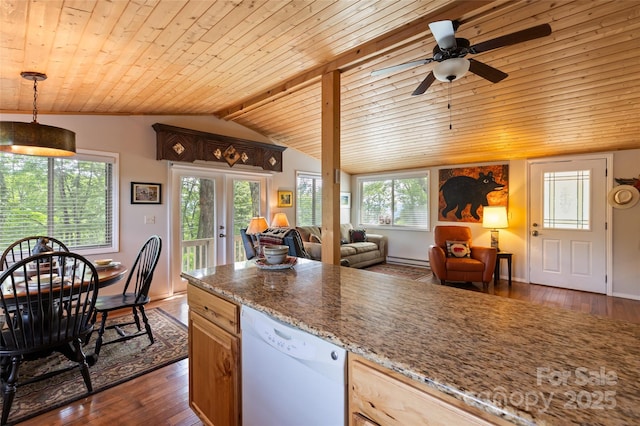 56 Faraway Dr, Cullowhee, NC 28723 - kitchen with dishwasher, wooden ceiling, vaulted ceiling, dark wood finished floors, and a baseboard heating unit