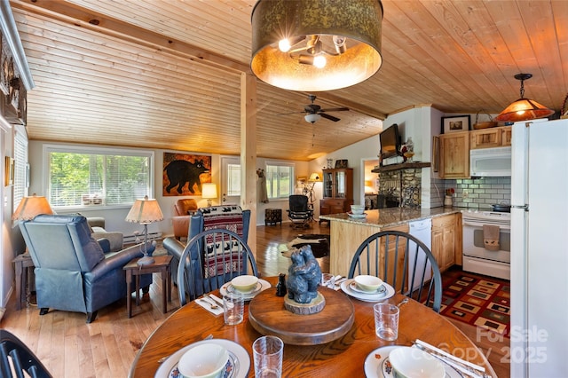 56 Faraway Dr, Cullowhee, NC 28723 - dining room featuring wood ceiling, vaulted ceiling, ceiling fan, and hardwood / wood-style flooring