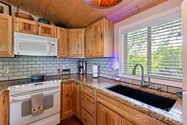 56 Faraway Dr, Cullowhee, NC 28723 - kitchen featuring white appliances, wooden ceiling, decorative backsplash, and light stone countertops
