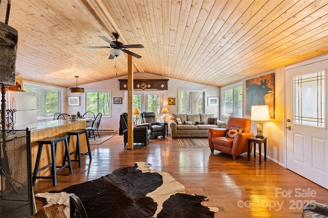56 Faraway Dr, Cullowhee, NC 28723 - living room with wooden ceiling, vaulted ceiling, hardwood / wood-style floors, and a ceiling fan