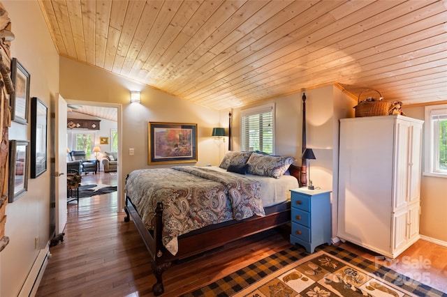 56 Faraway Dr, Cullowhee, NC 28723 - bedroom featuring wooden ceiling, lofted ceiling, multiple windows, baseboard heating, and dark wood finished floors