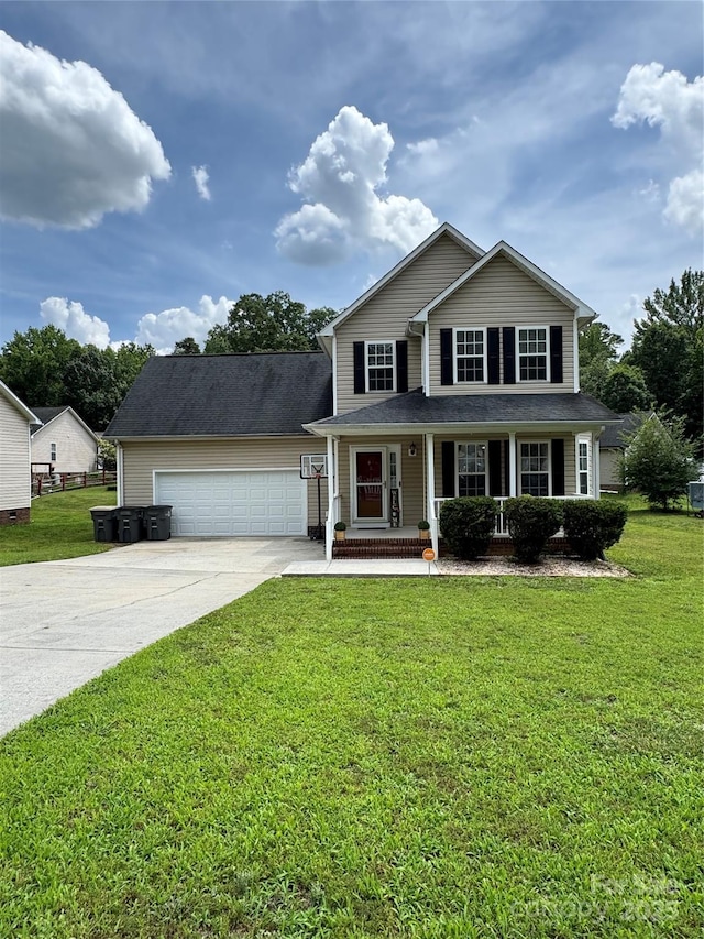 2040 Brantley Creek Dr, Kannapolis, NC 28083 - traditional-style house with driveway, a garage, a porch, and a front yard