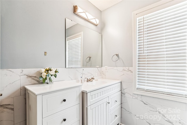 2040 Brantley Creek Dr, Kannapolis, NC 28083 - bathroom with tile walls, vanity, and a wainscoted wall
