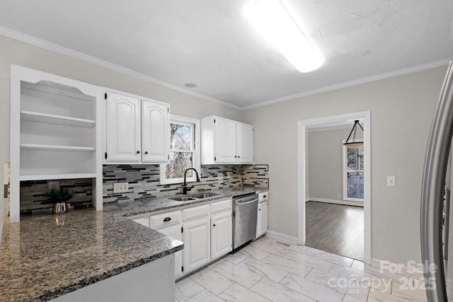 6017 Millbury Ct, Charlotte, NC 28211 - kitchen with stainless steel dishwasher, open shelves, white cabinetry, dark stone countertops, and backsplash