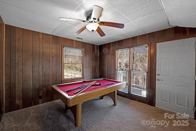 6017 Millbury Ct, Charlotte, NC 28211 - playroom with wood walls, carpet flooring, a ceiling fan, and billiards