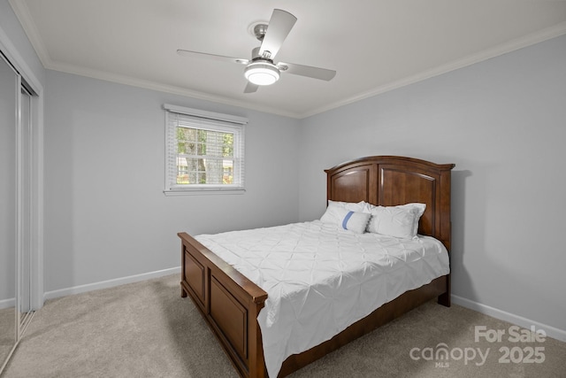 11329 Torino Rd, Matthews, NC 28105 - bedroom featuring light carpet, a closet, ornamental molding, and ceiling fan
