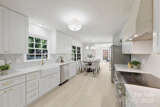 811 Ashmeade Rd, Charlotte, NC 28211 - kitchen featuring dishwasher, custom range hood, a chandelier, white cabinets, and tasteful backsplash