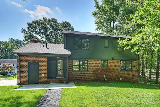 811 Ashmeade Rd, Charlotte, NC 28211 - view of front of home with a front yard, a chimney, brick siding, crawl space, and a shingled roof