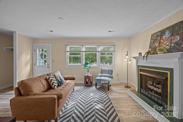 790 Thompson Rd, Saluda, NC 28773 - living area with light wood-type flooring, a fireplace with raised hearth, and ornamental molding