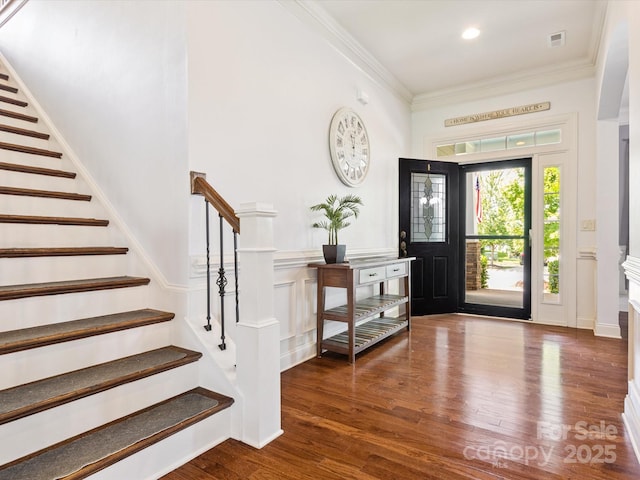 1009 Hampton Grove Rd, Waxhaw, NC 28173 - entryway with stairs, wood finished floors, ornamental molding, and recessed lighting