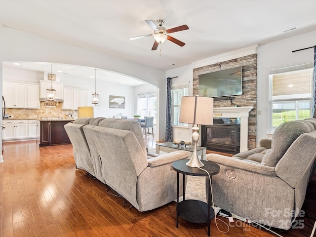 1009 Hampton Grove Rd, Waxhaw, NC 28173 - living area with a ceiling fan, arched walkways, plenty of natural light, and wood-type flooring