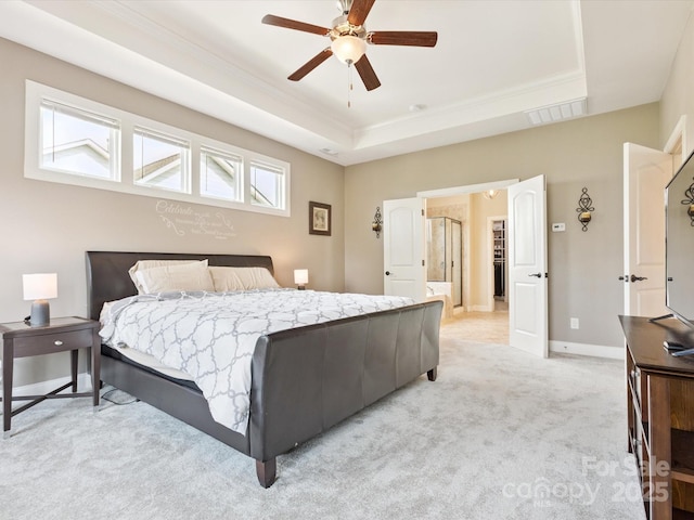 1009 Hampton Grove Rd, Waxhaw, NC 28173 - bedroom with a raised ceiling, crown molding, light carpet, and ceiling fan
