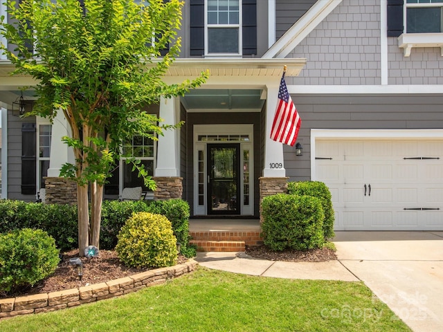 1009 Hampton Grove Rd, Waxhaw, NC 28173 - view of exterior entry featuring an attached garage, stone siding, and concrete driveway