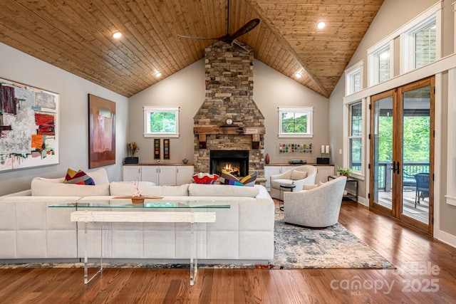 807 Hollybrook Dr, Flat Rock, NC 28731 - living area with a ceiling fan, a fireplace, wood finished floors, high vaulted ceiling, and wood ceiling