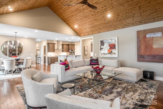 807 Hollybrook Dr, Flat Rock, NC 28731 - living room with high vaulted ceiling, a chandelier, a ceiling fan, wood finished floors, and wooden ceiling
