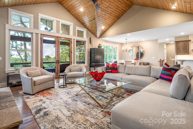 807 Hollybrook Dr, Flat Rock, NC 28731 - living area with high vaulted ceiling, wood finished floors, a chandelier, recessed lighting, and wood ceiling