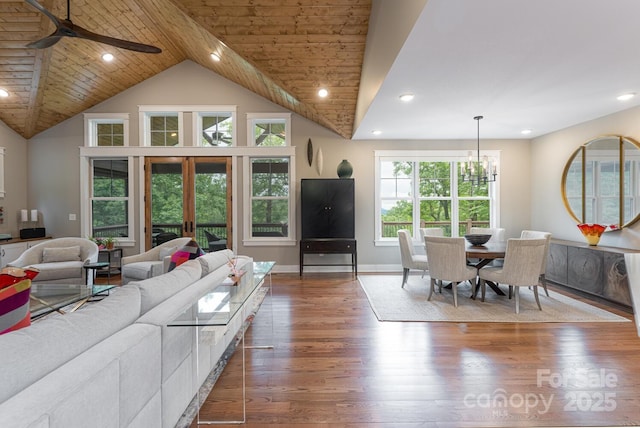 807 Hollybrook Dr, Flat Rock, NC 28731 - living room featuring a chandelier, wood finished floors, ceiling fan, wood ceiling, and lofted ceiling