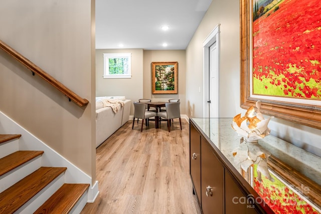 807 Hollybrook Dr, Flat Rock, NC 28731 - hallway featuring light wood-style floors, stairway, and recessed lighting