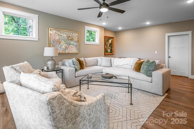 807 Hollybrook Dr, Flat Rock, NC 28731 - living room with healthy amount of natural light, a ceiling fan, wood finished floors, and recessed lighting