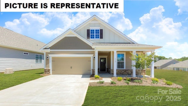 123 S Shayna Rd, Troutman, NC 28166 - craftsman inspired home featuring board and batten siding, covered porch, a front yard, a garage, and driveway