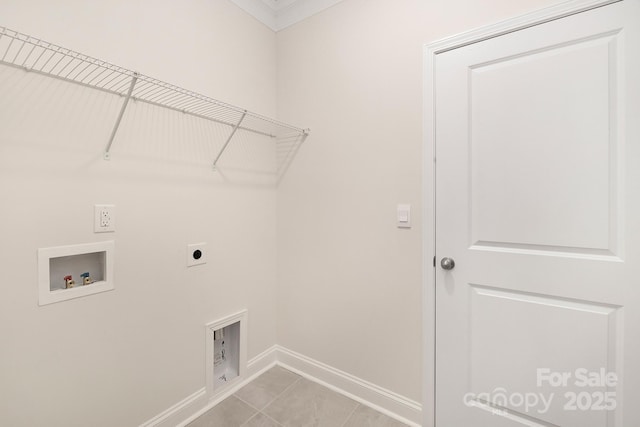 123 S Shayna Rd, Troutman, NC 28166 - laundry area with hookup for an electric dryer, hookup for a washing machine, ornamental molding, and light tile patterned floors