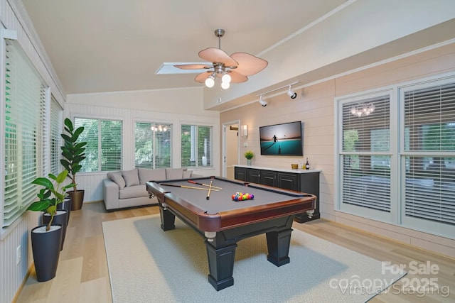 140 Rustic Way Ln, Mooresville, NC 28117 - recreation room with light wood-style floors, a ceiling fan, lofted ceiling, billiards table, and rail lighting