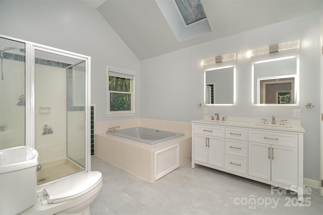 140 Rustic Way Ln, Mooresville, NC 28117 - bathroom with a bath, a skylight, a stall shower, double vanity, and lofted ceiling