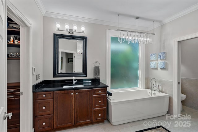 15724 Eagleview Dr, Charlotte, NC 28278 - full bath featuring vanity, a freestanding tub, tile patterned floors, crown molding, and a chandelier