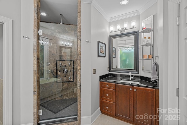 15724 Eagleview Dr, Charlotte, NC 28278 - full bath with a shower stall, vanity, crown molding, and recessed lighting