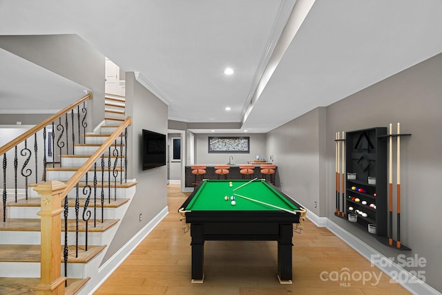 15724 Eagleview Dr, Charlotte, NC 28278 - recreation room featuring bar with sink, light wood finished floors, recessed lighting, ornamental molding, and billiards table