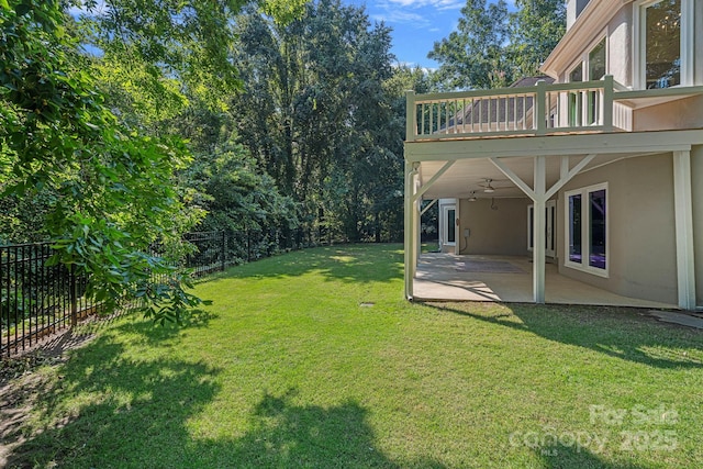 15724 Eagleview Dr, Charlotte, NC 28278 - fenced backyard featuring a balcony, a ceiling fan, and a patio area