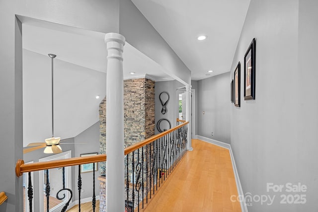 15724 Eagleview Dr, Charlotte, NC 28278 - corridor with recessed lighting, wood finished floors, and an upstairs landing