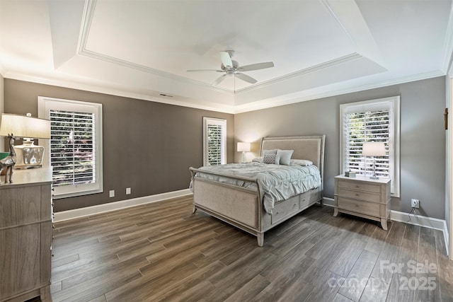 2317 Houston Branch Rd, Charlotte, NC 28270 - bedroom with a raised ceiling, dark wood-type flooring, crown molding, and a ceiling fan