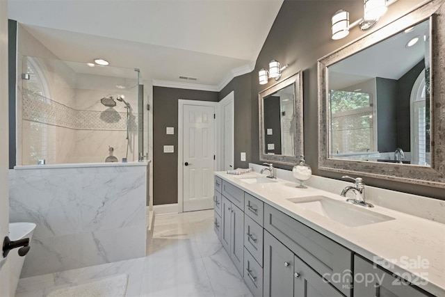 2317 Houston Branch Rd, Charlotte, NC 28270 - bathroom with ornamental molding, marble tiled floors, a walk in shower, and double vanity