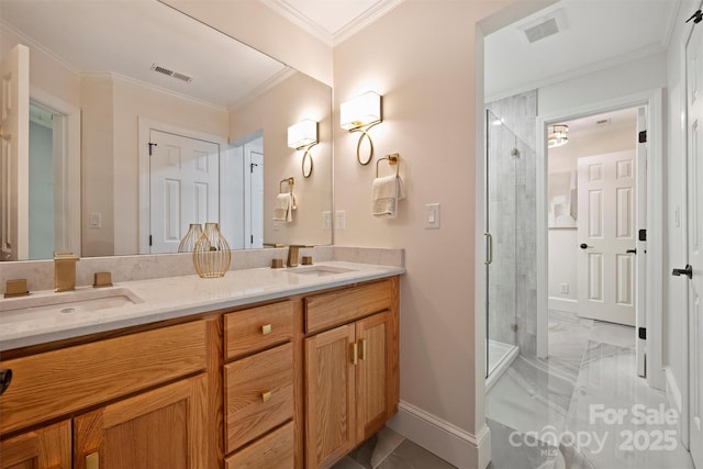 2317 Houston Branch Rd, Charlotte, NC 28270 - full bath featuring double vanity, a shower stall, marble finish flooring, and ornamental molding