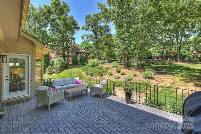 2317 Houston Branch Rd, Charlotte, NC 28270 - view of patio / terrace featuring an outdoor living space and view of scattered trees