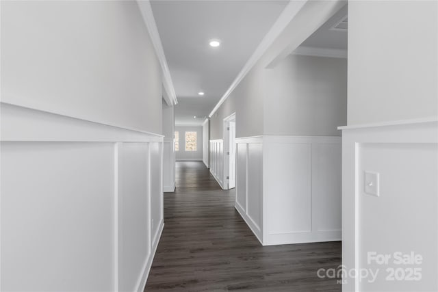 10180 Lakeshore Dr, Lancaster, SC 29720 - corridor featuring crown molding, dark wood-type flooring, a decorative wall, a wainscoted wall, and recessed lighting