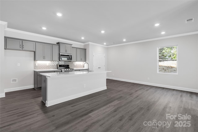 10180 Lakeshore Dr, Lancaster, SC 29720 - kitchen with stainless steel appliances, gray cabinetry, crown molding, an island with sink, and recessed lighting