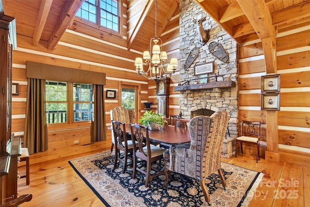 35 Elderberry Dr Unit 805, Old Fort, NC 28762 - dining space featuring a chandelier, wood-type flooring, a wooden ceiling with exposed beams, wood walls, and a fireplace