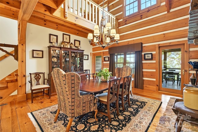 35 Elderberry Dr Unit 805, Old Fort, NC 28762 - dining space with wood-type flooring, a chandelier, stairs, a high ceiling, and wooden walls