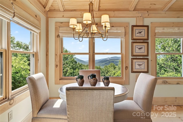 35 Elderberry Dr Unit 805, Old Fort, NC 28762 - dining area with a wooden ceiling with exposed beams, a chandelier, and a mountain view