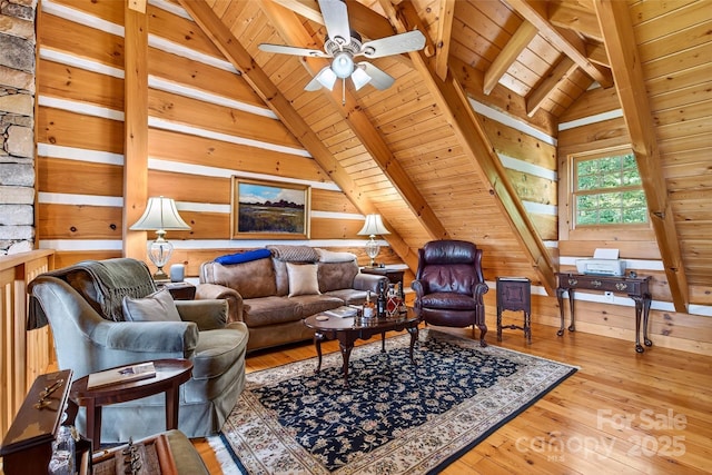 35 Elderberry Dr Unit 805, Old Fort, NC 28762 - living area featuring wooden ceiling, wood walls, hardwood / wood-style floors, and a ceiling fan