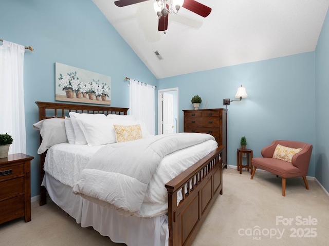 11911 Brownestone View Dr, Charlotte, NC 28269 - bedroom with light carpet, high vaulted ceiling, and a ceiling fan