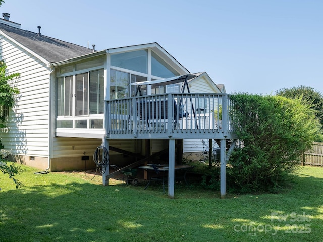 11911 Brownestone View Dr, Charlotte, NC 28269 - rear view of property with crawl space, a sunroom, a deck, and a lawn