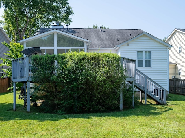 11911 Brownestone View Dr, Charlotte, NC 28269 - back of house with stairway, a shingled roof, and a deck