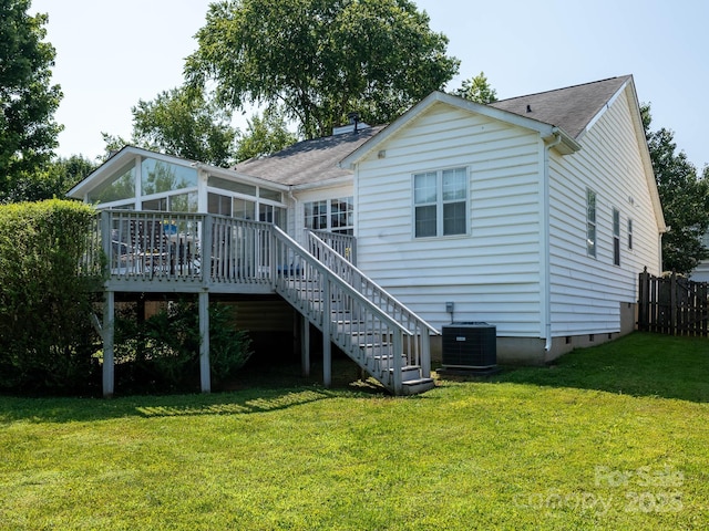 11911 Brownestone View Dr, Charlotte, NC 28269 - back of property featuring a sunroom, stairway, a shingled roof, and a chimney
