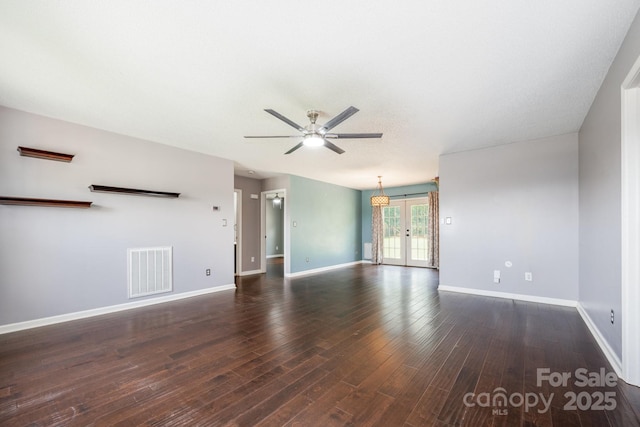 2070 Rocketts Way, Newton, NC 28658 - unfurnished living room with ceiling fan, french doors, and dark wood-type flooring
