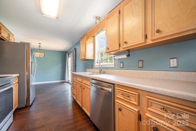 2070 Rocketts Way, Newton, NC 28658 - kitchen featuring stainless steel appliances, light countertops, dark wood finished floors, and light brown cabinets