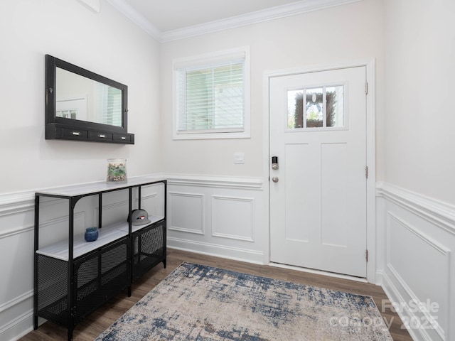 4177 Steel Way, Sherrills Ford, NC 28673 - foyer entrance with crown molding, a decorative wall, wainscoting, and dark wood-type flooring