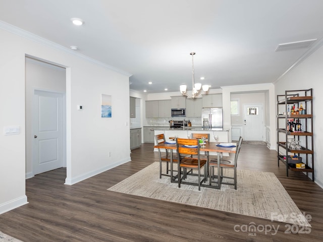 4177 Steel Way, Sherrills Ford, NC 28673 - dining space featuring crown molding, a chandelier, dark wood-type flooring, and recessed lighting